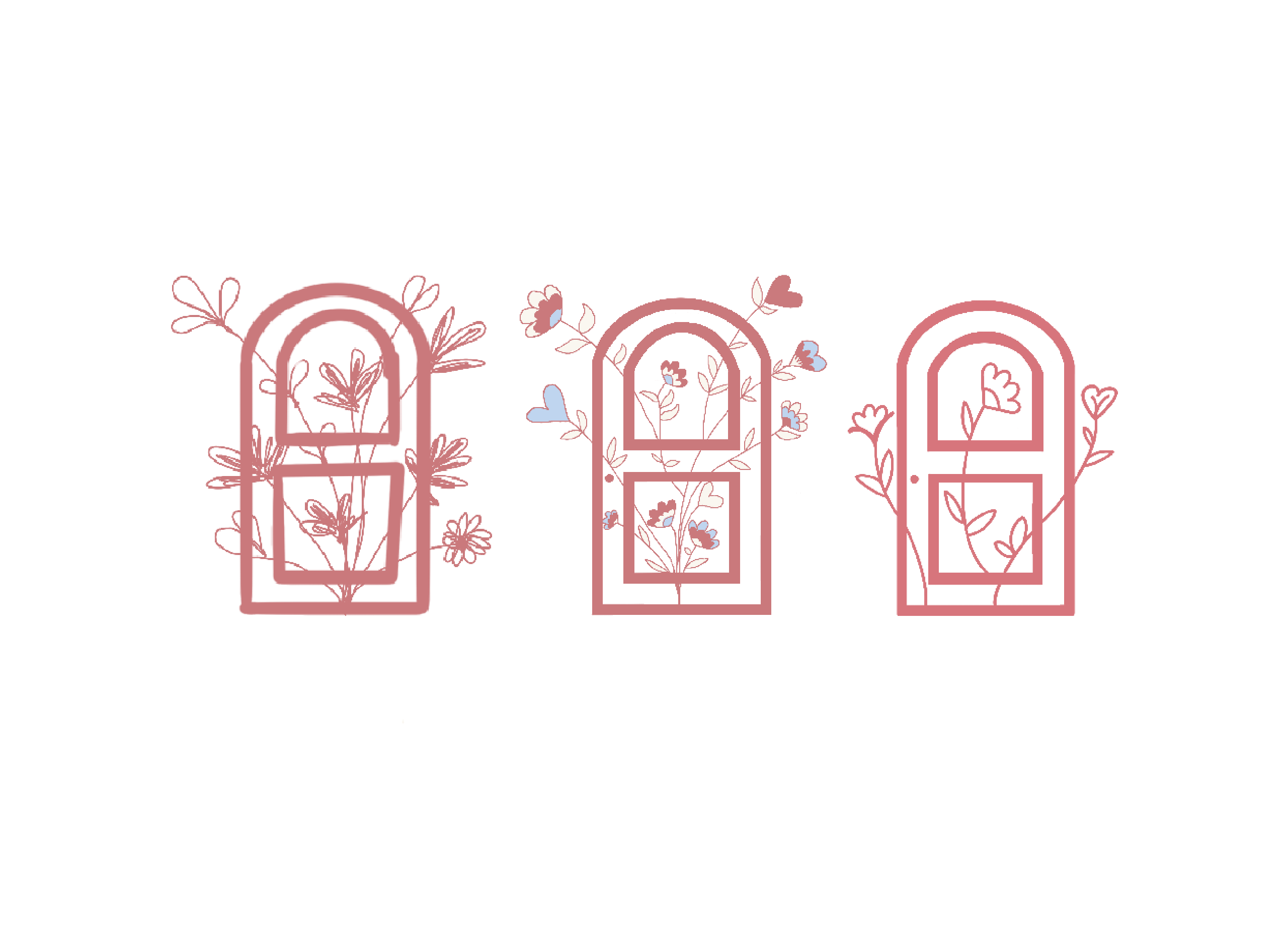 successione dalla bozza al definitivo del logo, una porta stondata da cui fioriscono tre fiori