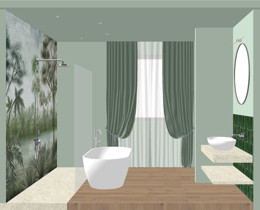 prospetto bagno con doccia, vetro doccia, vasca e finestra